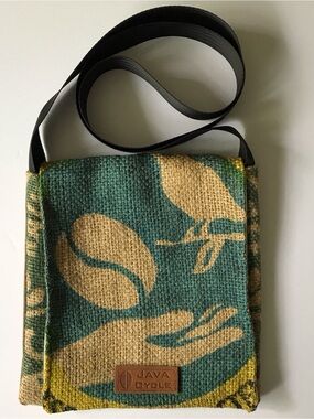 JAVA CYCLE Recycled Burlap Coffee Crossbody Bag w/Seatbelt Handle